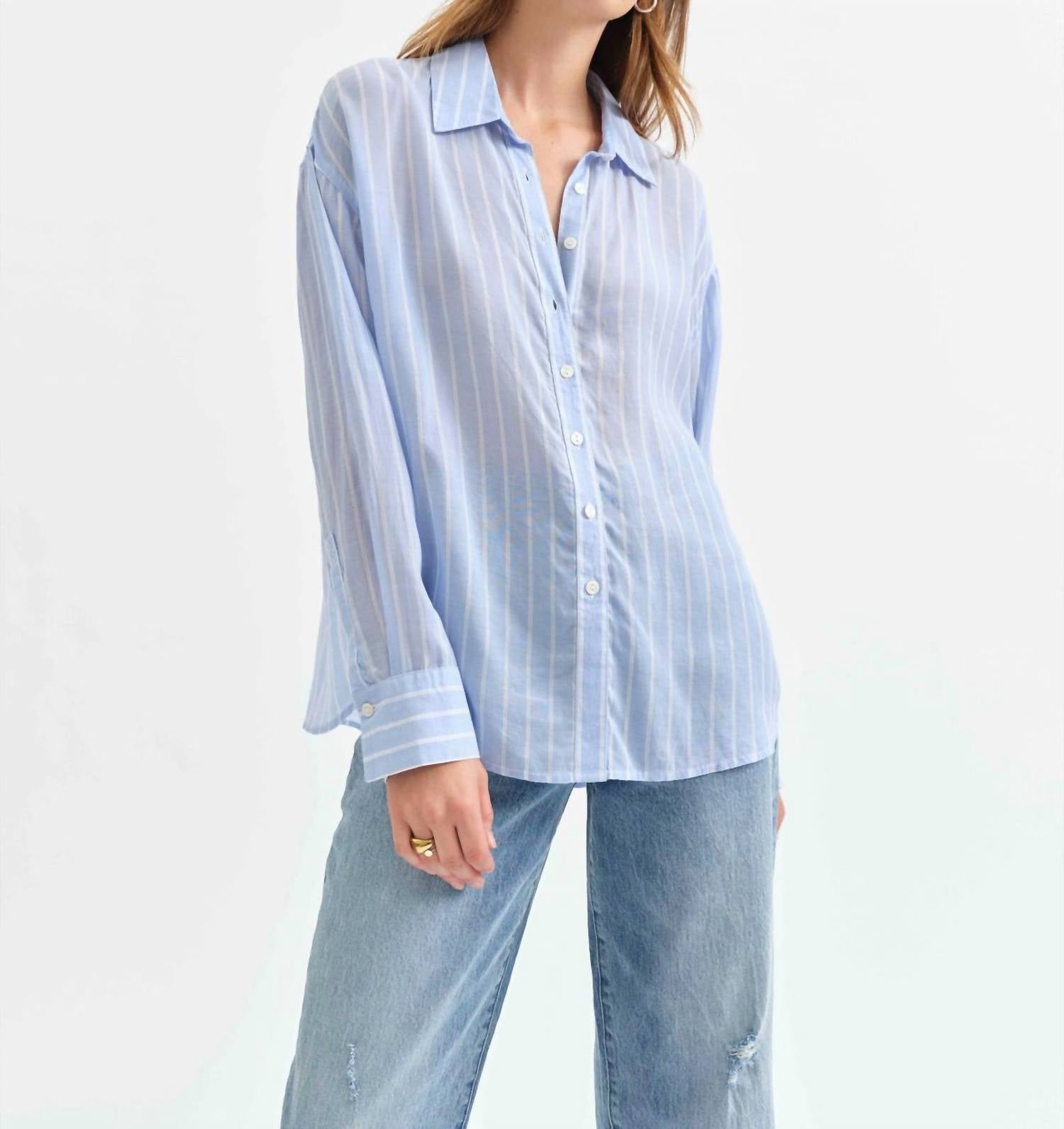 DAZE Lotus Back Tie Long Sleeve Shirt in castle stripe 1 - women's shirt