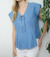 Blu Pepper - Front Tie Pintuck Detail Chambray Top