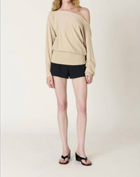 NIA Sabina Off-shoulder Soft Knit Sweater in stone - women's sweater