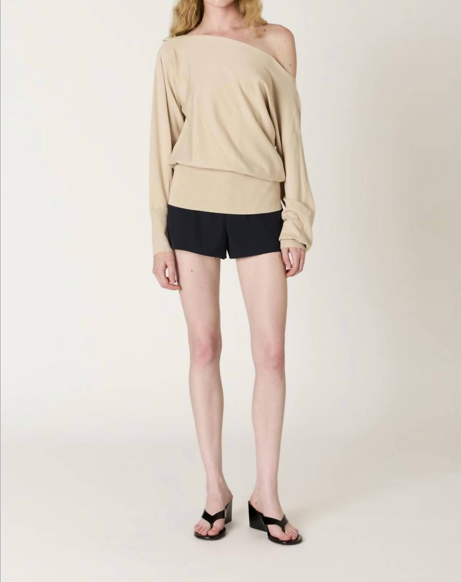 NIA Sabina Off-shoulder Soft Knit Sweater in stone - women's sweater