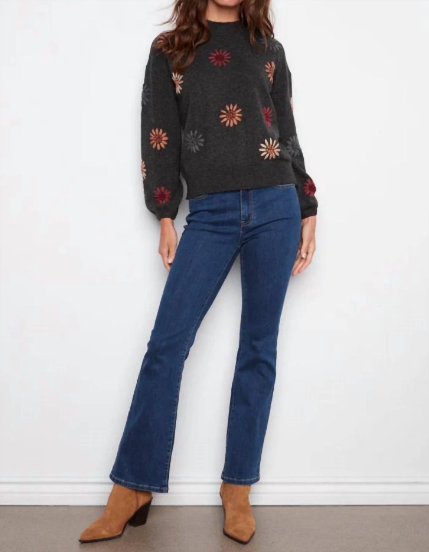 Charlie B - Floral Embroidery Mock Neck Sweater