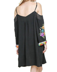 Umgee - Floral Embroided Pom And Tassel Mini Dress