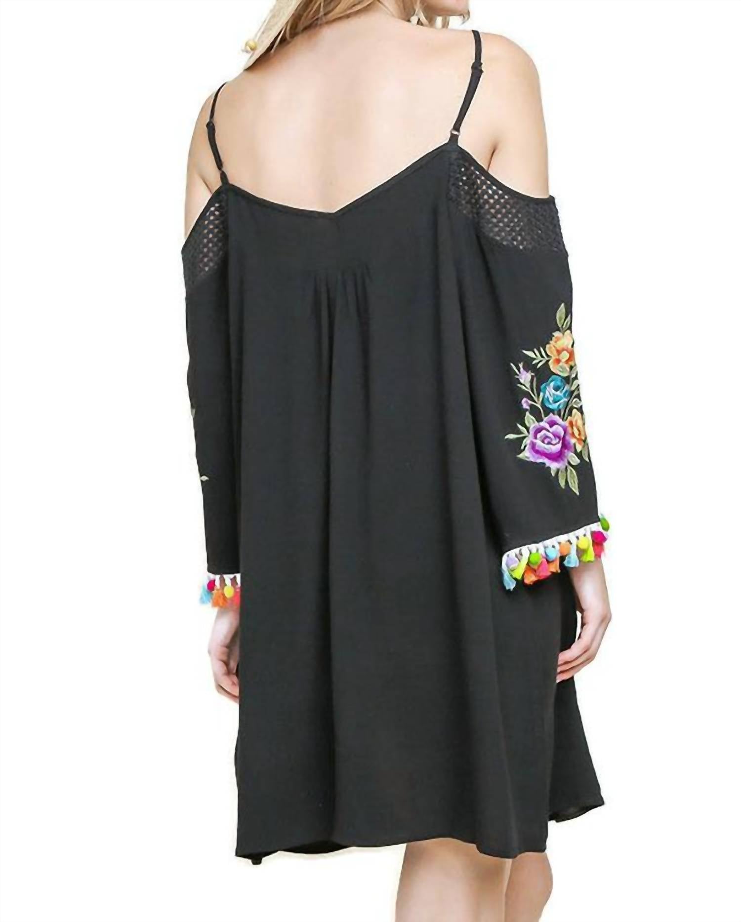 Umgee - Floral Embroided Pom And Tassel Mini Dress