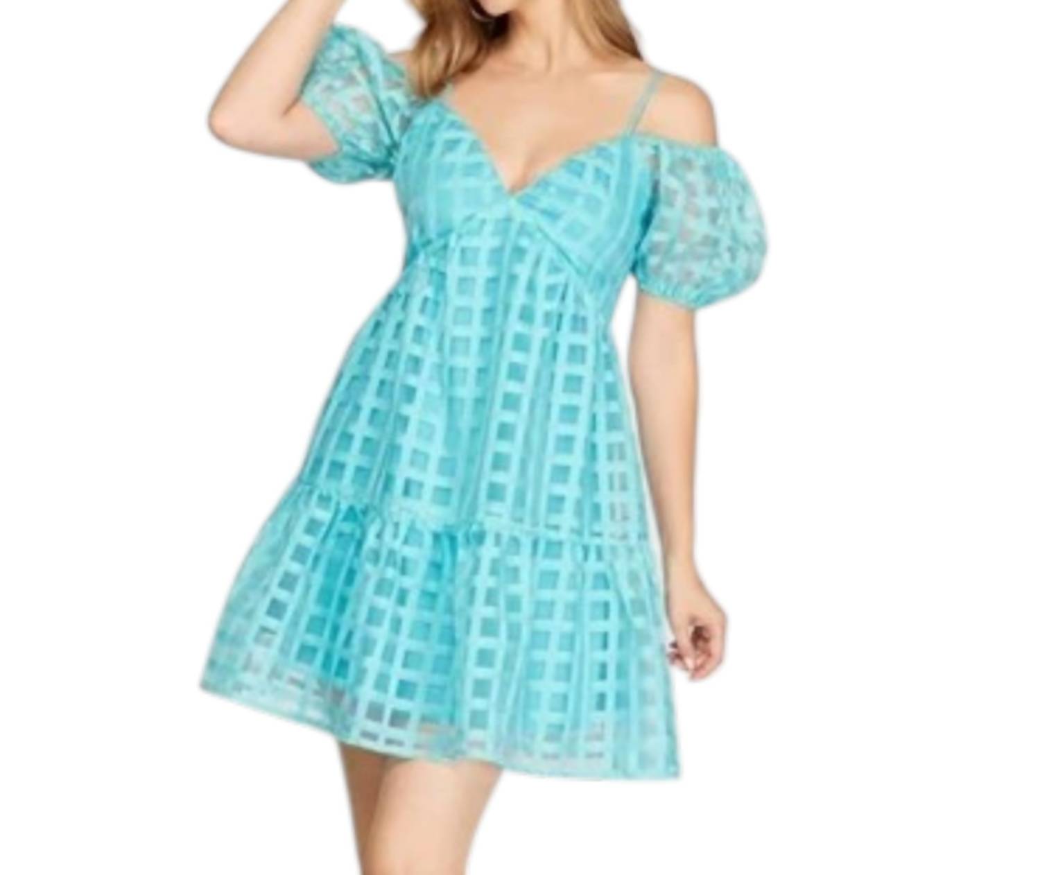 SHE + SKY Puff Sleeve Checker Organza Dress in light blue - women's dress