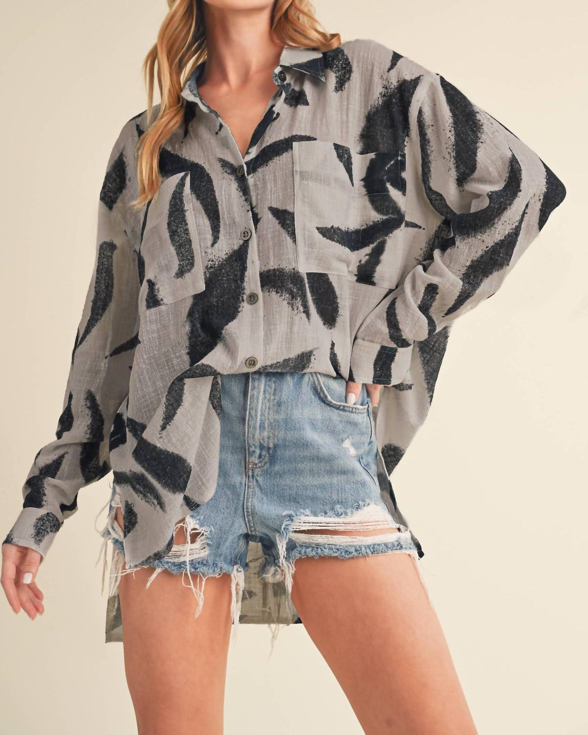 AEMI + CO Elodie Linen Printed Button Up Shirt in grey and black - women's shirt