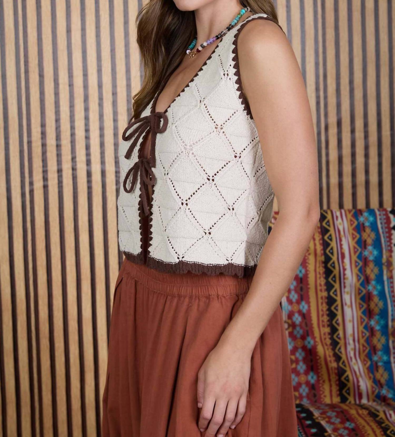 Blu Pepper - Contrast Stitch Crochet Knit Front Tie Vest