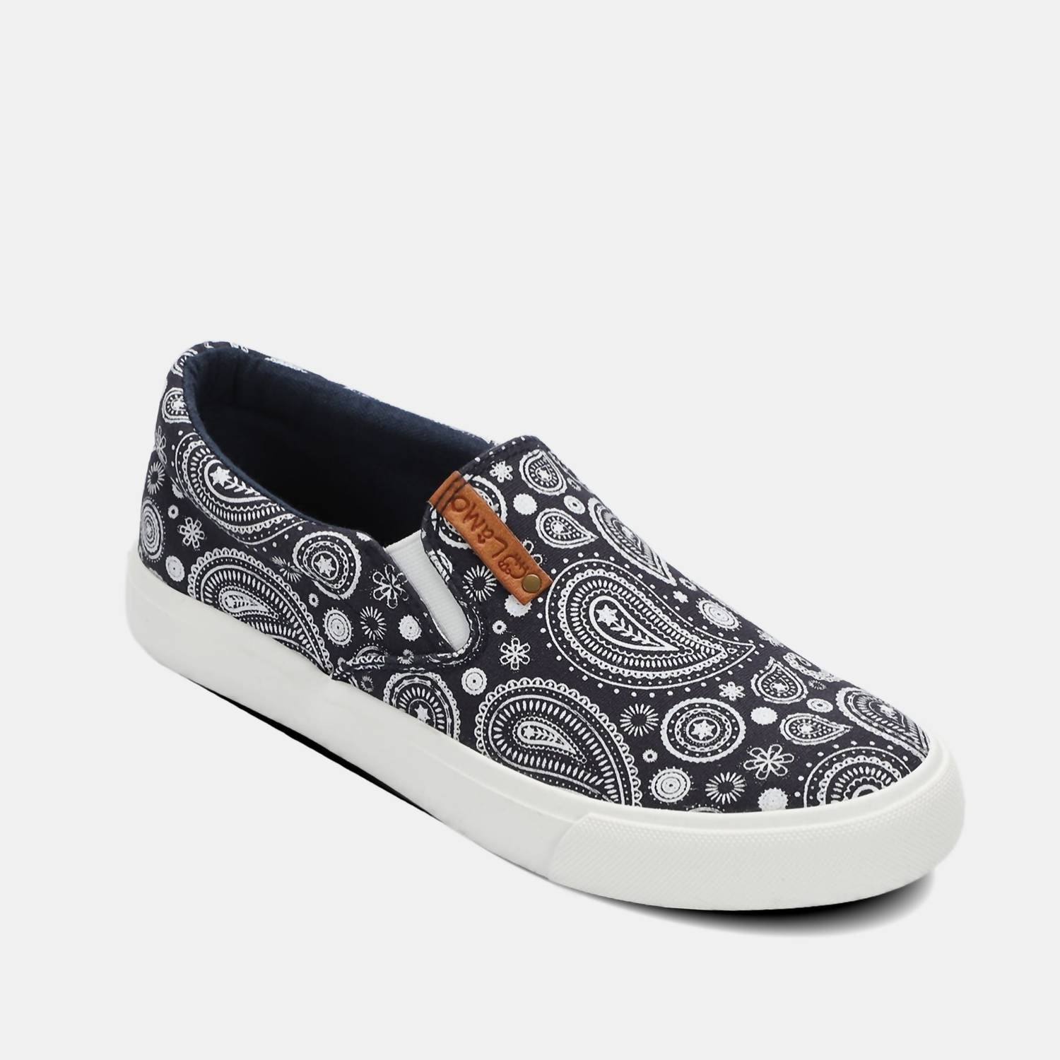 Lamo Women's Classic Piper Exotic Slip-on Shoe in navy paisley - women's sneaker - detail view