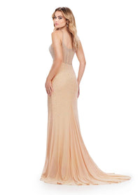 ASHLEYlauren Beaded Corset Spaghetti Strap Gown in nude - women's dress - alternate view