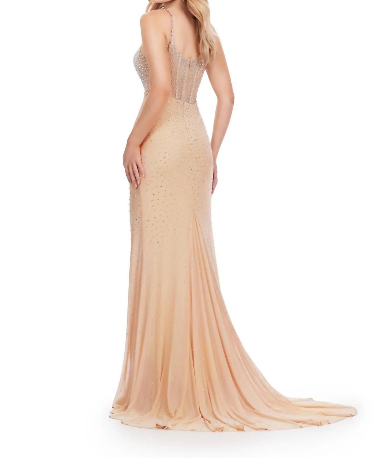 ASHLEYlauren Beaded Corset Spaghetti Strap Gown in nude - women's dress - detail view