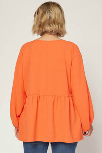 Entro - Textured Long Sleeve Babydoll Top - Plus
