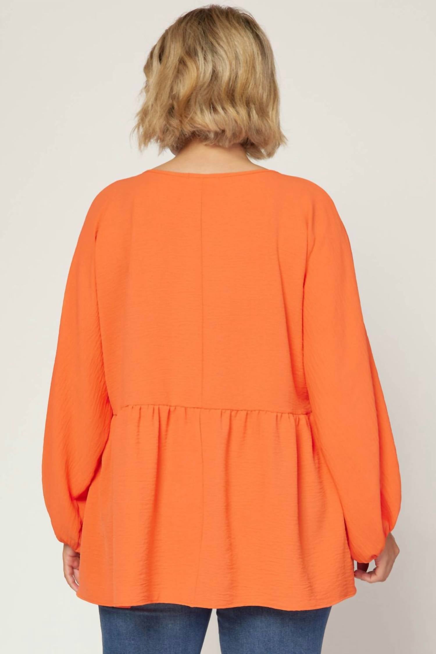 Entro - Textured Long Sleeve Babydoll Top - Plus