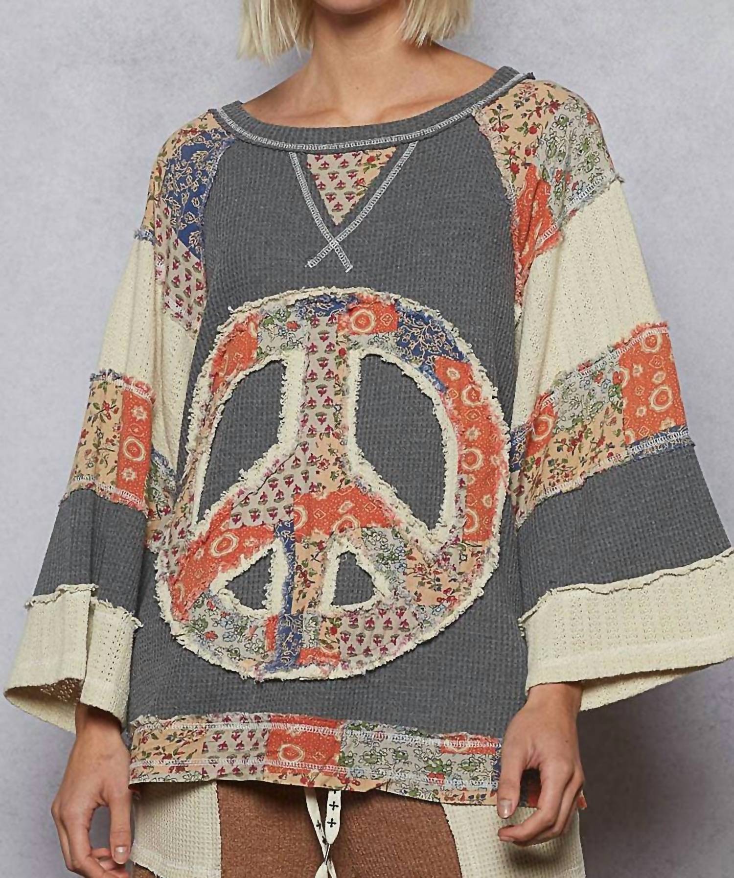 Pol - Crew Neck Printed Peace Patch Overlock Stitch Knit Top