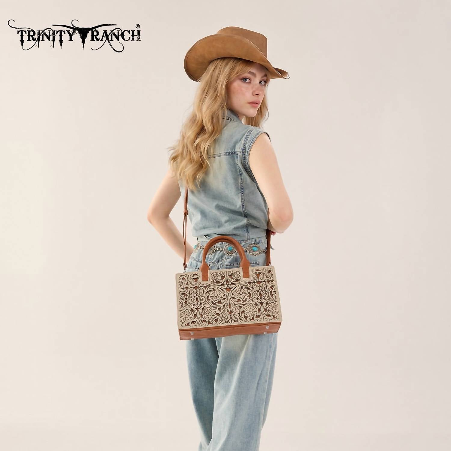 Trinity Ranch - Floral Tooled Leather Western Satchel Tote Bag