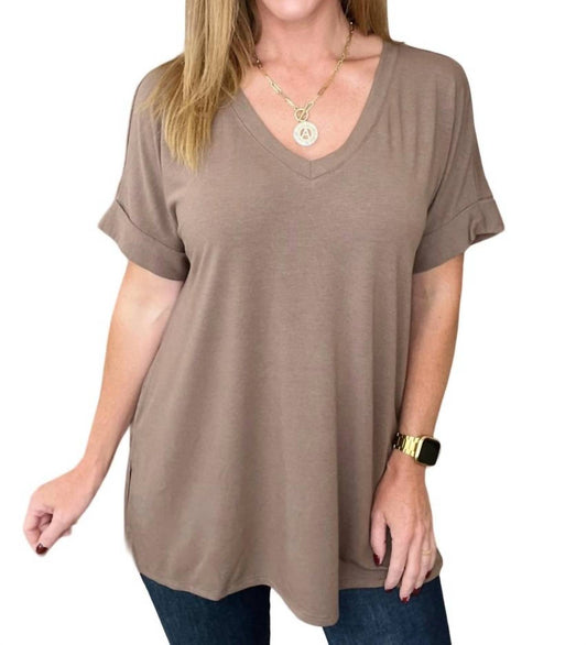 Zenana - V-Neck Cuffed Sleeve Hi-Low Hem Top