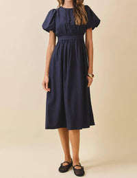 TCEC Puff Sleeve Midi Dress in navy - women's dress