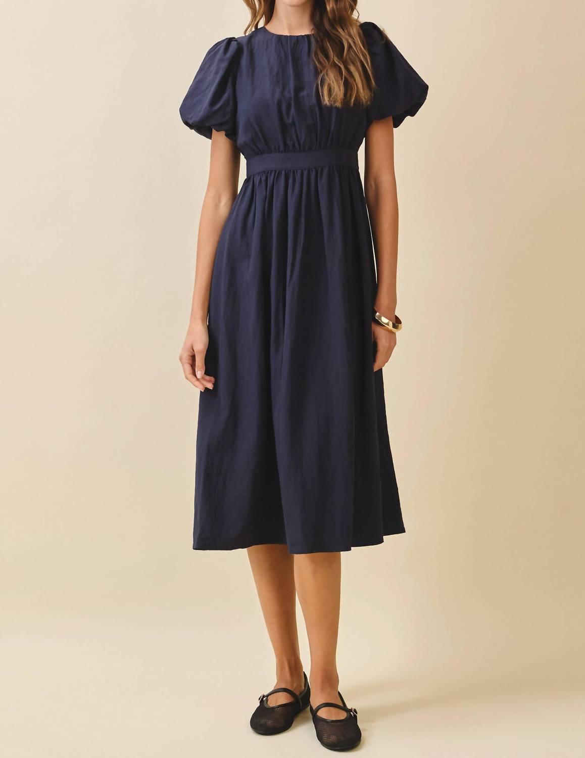 TCEC Puff Sleeve Midi Dress in navy - women's dress