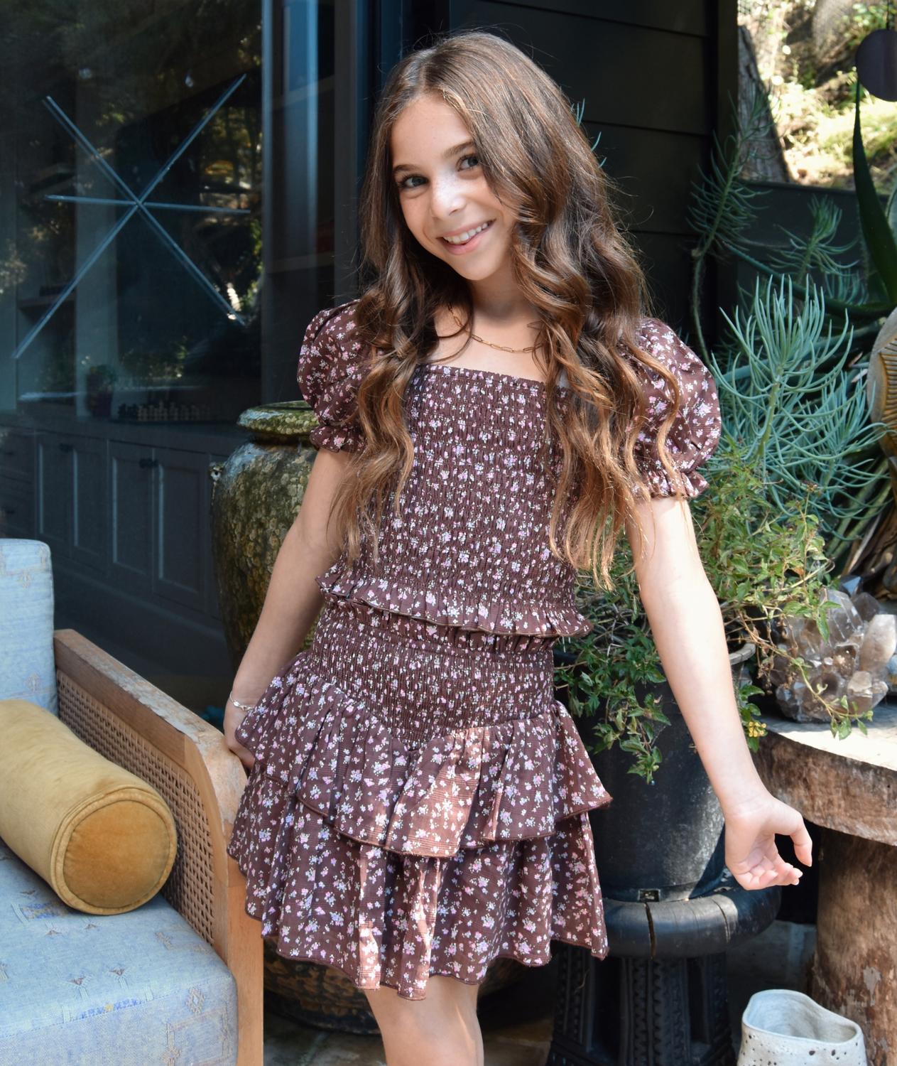 Katie J NYC Girl's Floral Marlee Top in chocolate - kids' blouse - alternate view
