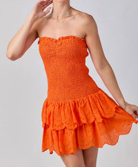 BABY PINK Eyelet Smocked Ruffle Mini Dress in orange - women's dress