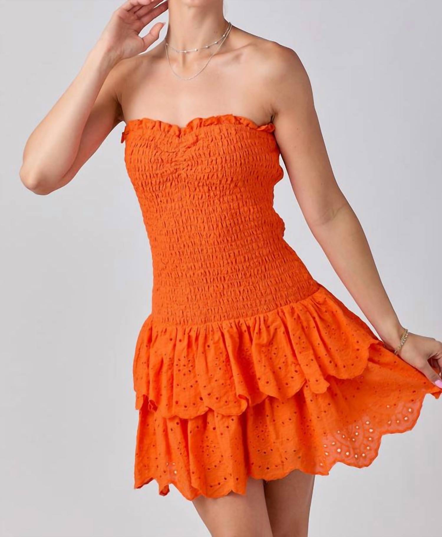 BABY PINK Eyelet Smocked Ruffle Mini Dress in orange - women's dress