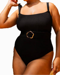 Fashion Szn Curve - Square Neck Crinkle Belted Swimsuit