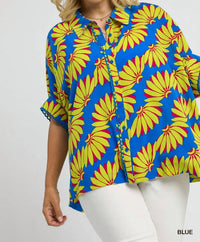 umgee Tropical Print Button Top - Plus Size in blue - women's blouse
