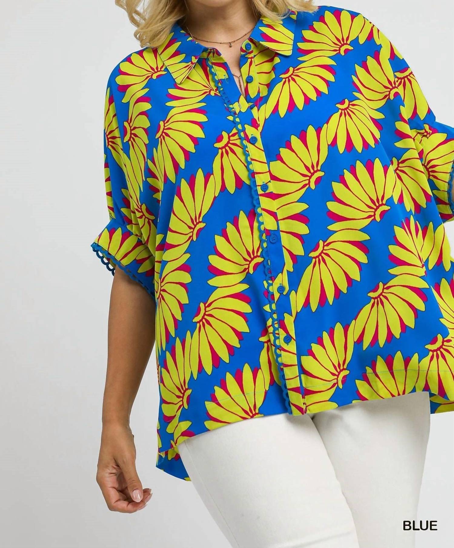 umgee Tropical Print Button Top - Plus Size in blue - women's blouse