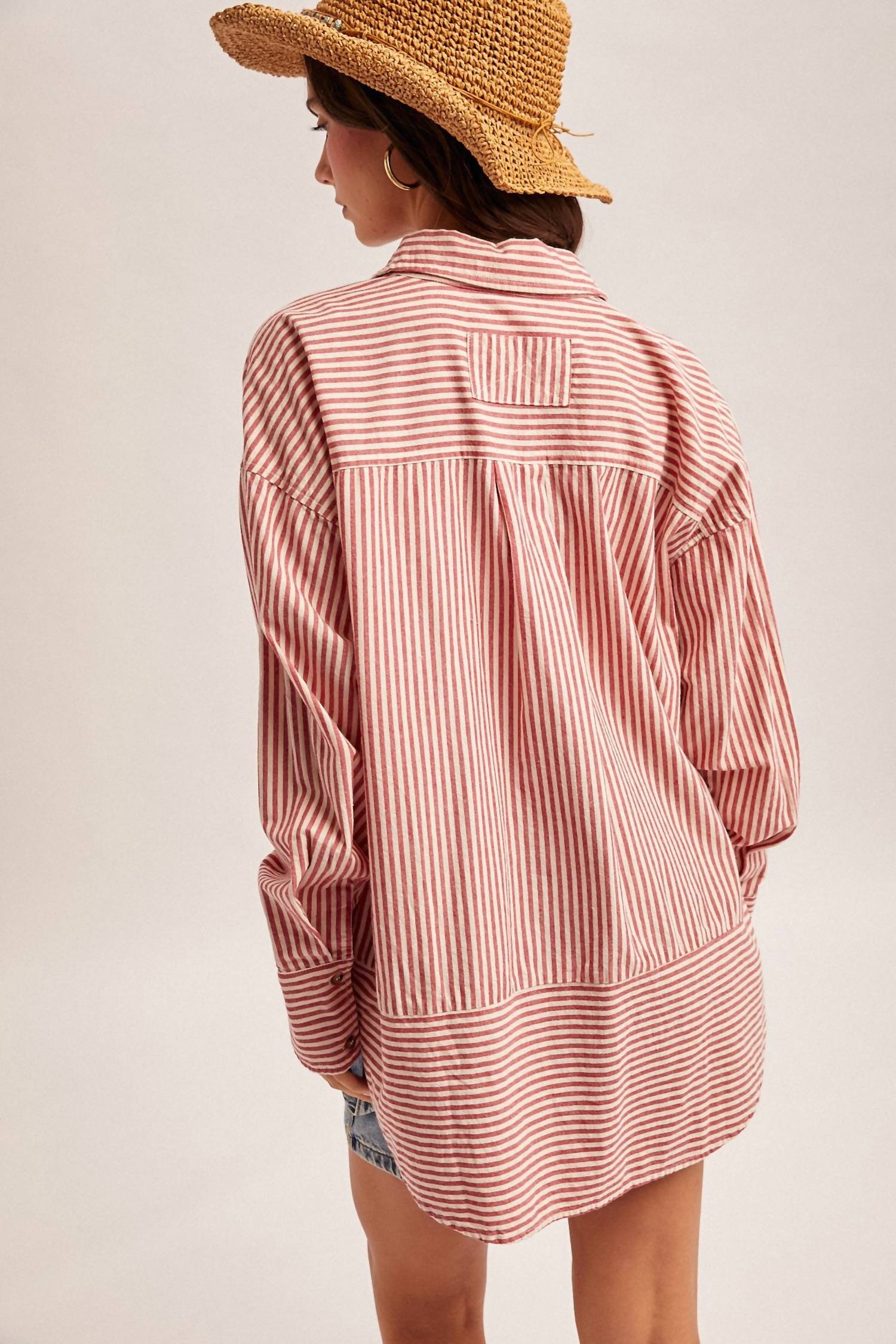 Hem & Thread Oversized Striped Button Down Long Sleeve Shirt in pink - women's long sleeve top - view 4