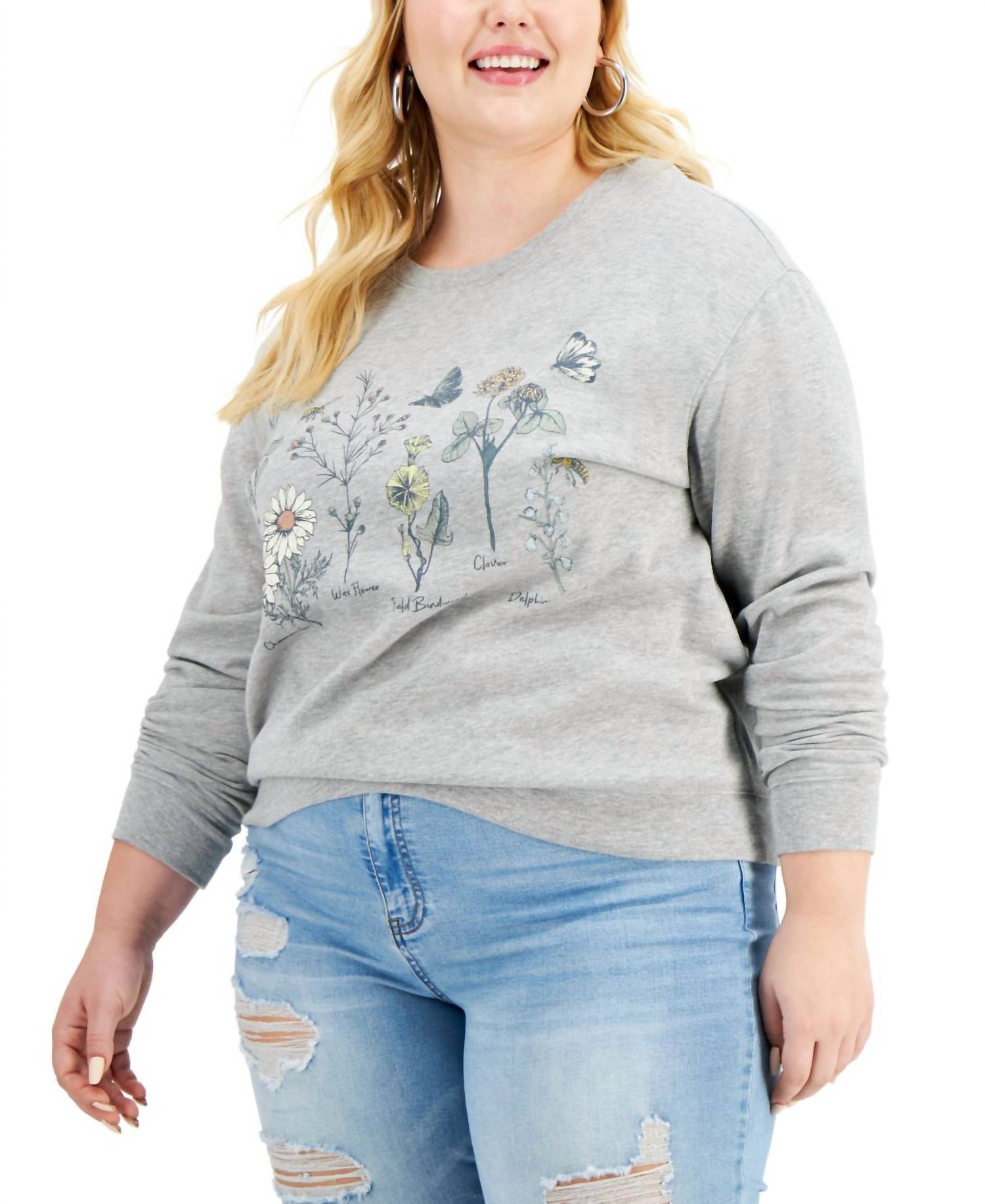 Love Tribe - Trendy Plus Size Botanical Floral-graphic Sweatshirt