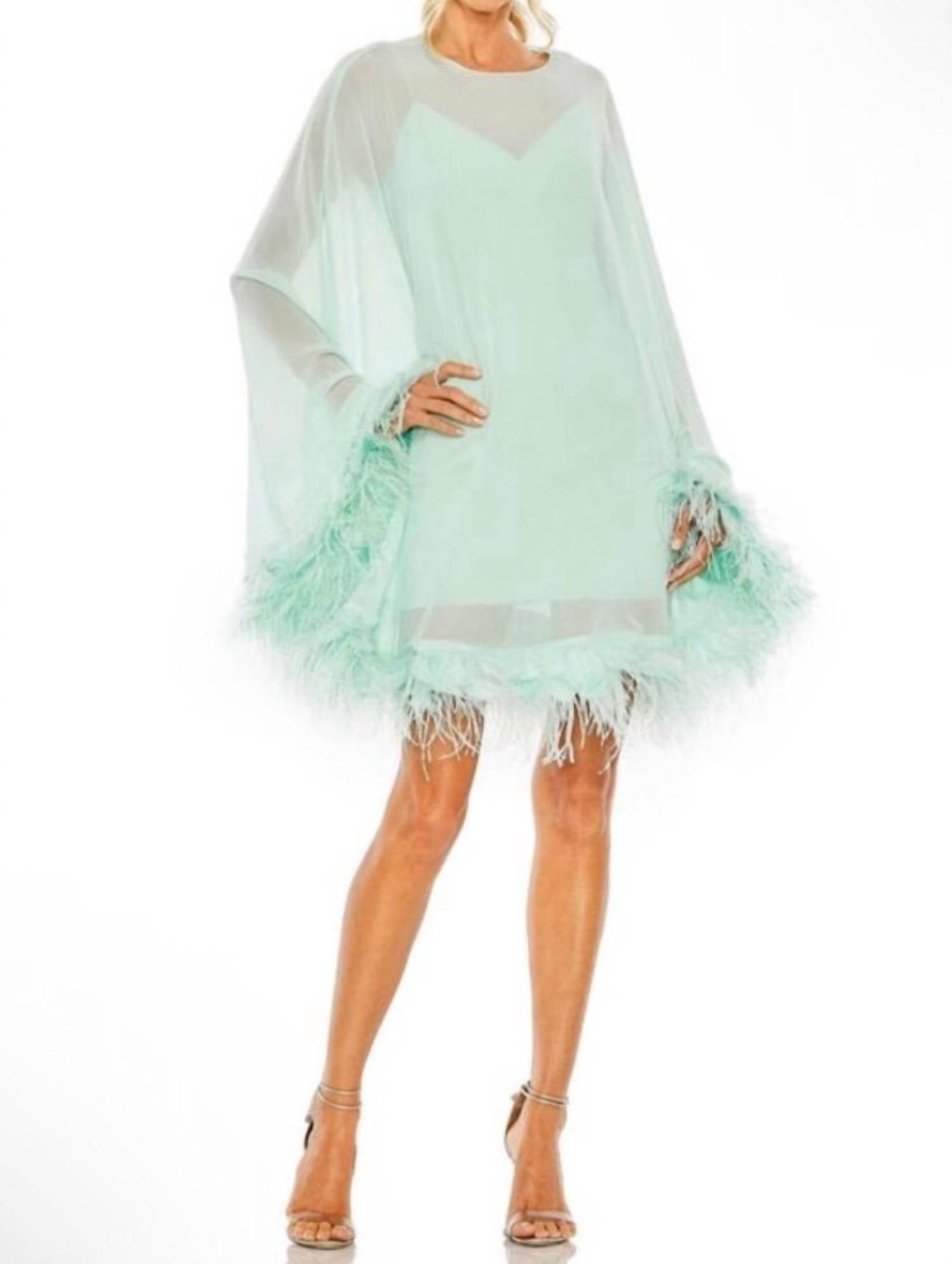 MAC DUGGAL Feather Trim Trapeze Mini Cocktail Dress in mint green - women's dress