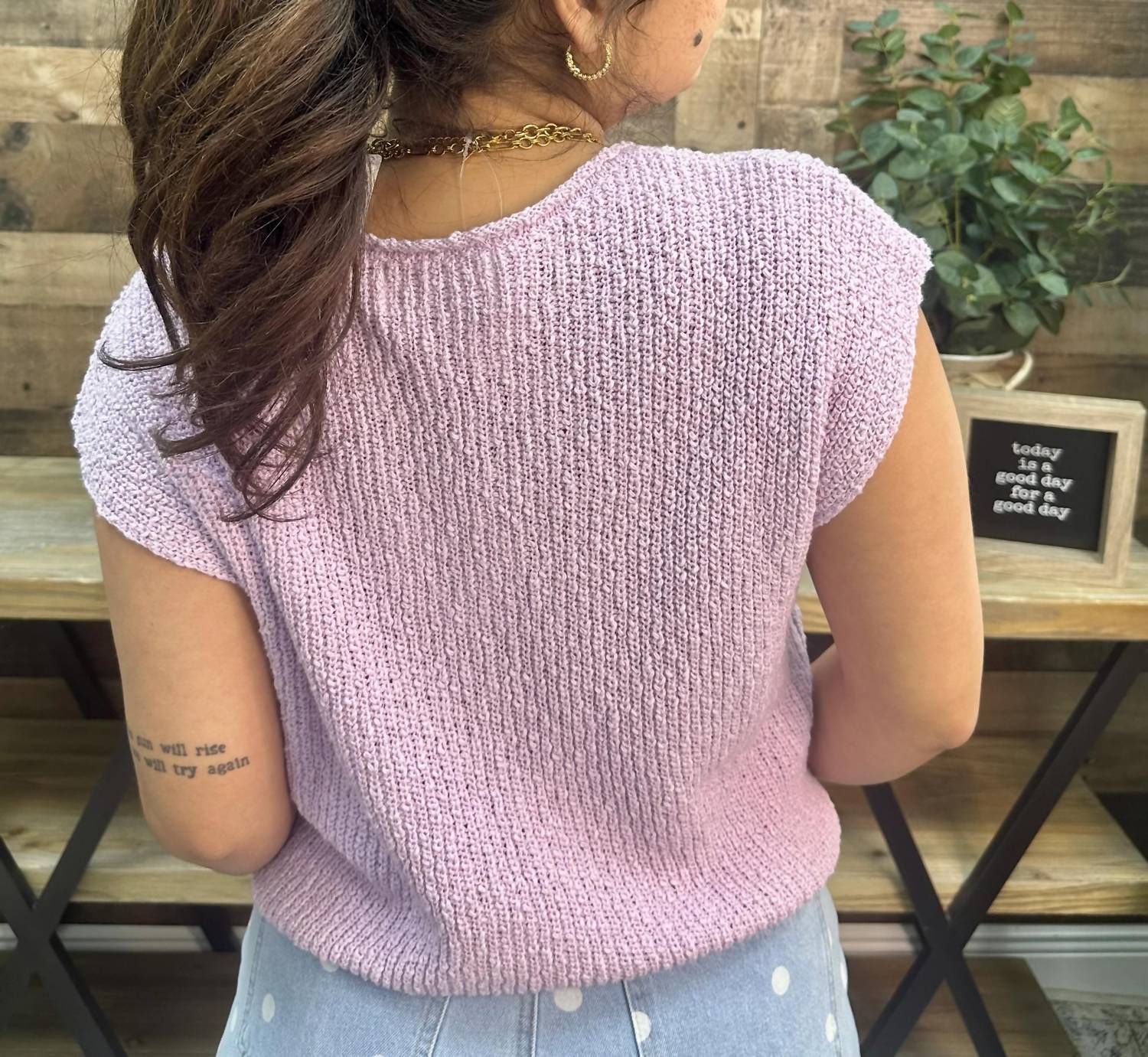 In February - Relaxed Slub Knit Split Neck Sweater Top