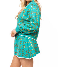 QUEEN OF SPARKLES Horse Bit Button Up Knit Collar Sweater in mint gold - women's shirt - alternate view