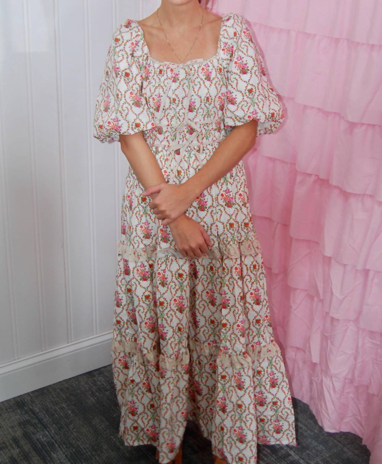 Peach Love - Sabrina Poplin Puff Sleeve Floral Maxi Dress