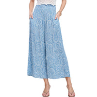 LA MIEL Coastal Boho Paisley Wide Leg Pants in ocean blue - women's pants