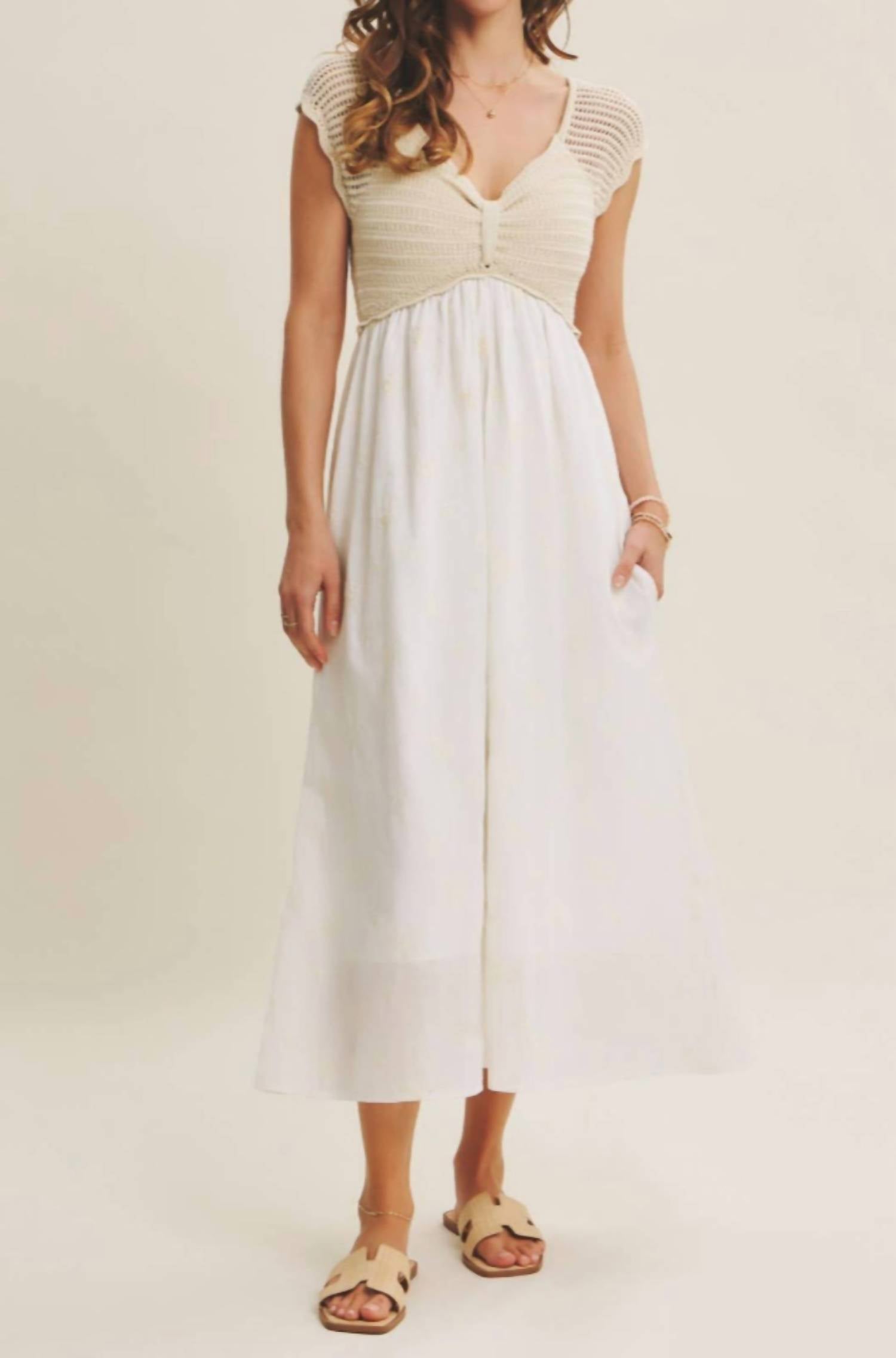 In February Crochet Embroider Flowers Midi Dress in cream - women's dress