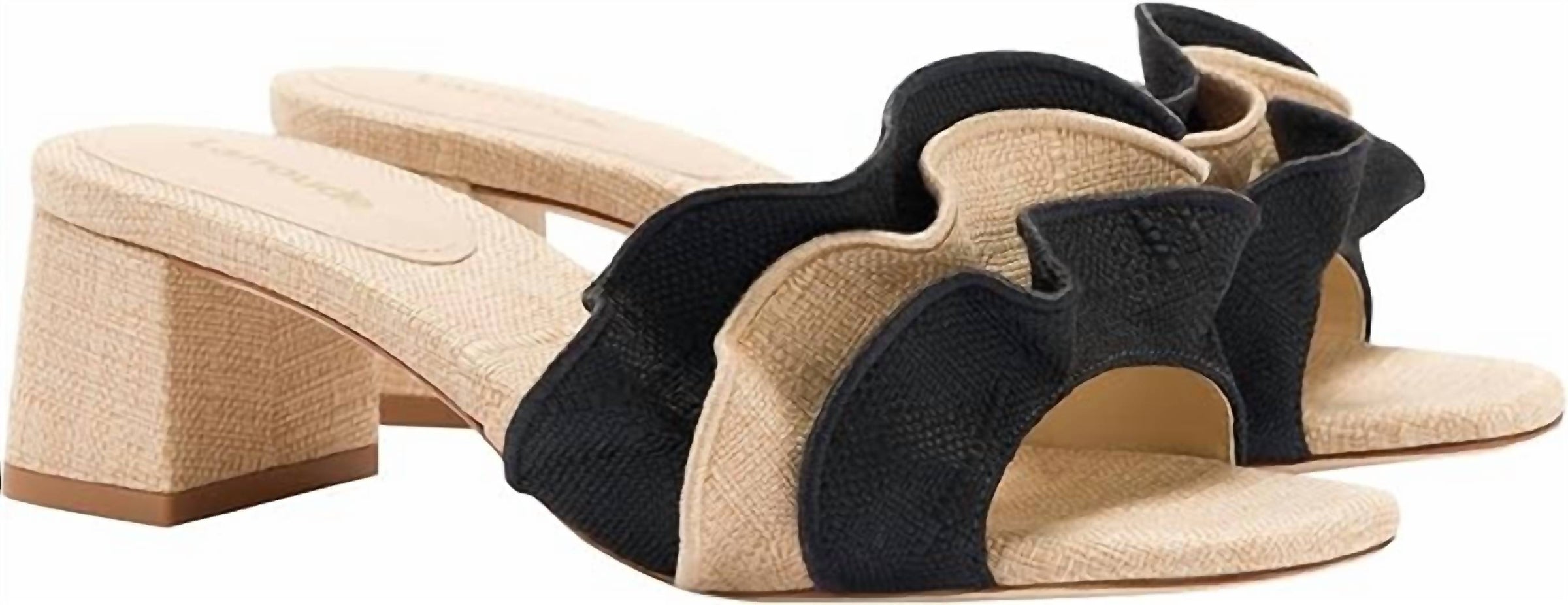 Larroude Women's Brigitte Ruffle Mule Sandals in cream tan - women's sandal - detail view