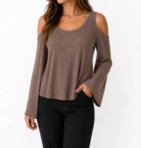 525 America Cold Shoulder Rib Bell Sleeve Top in natural - women's long sleeve top