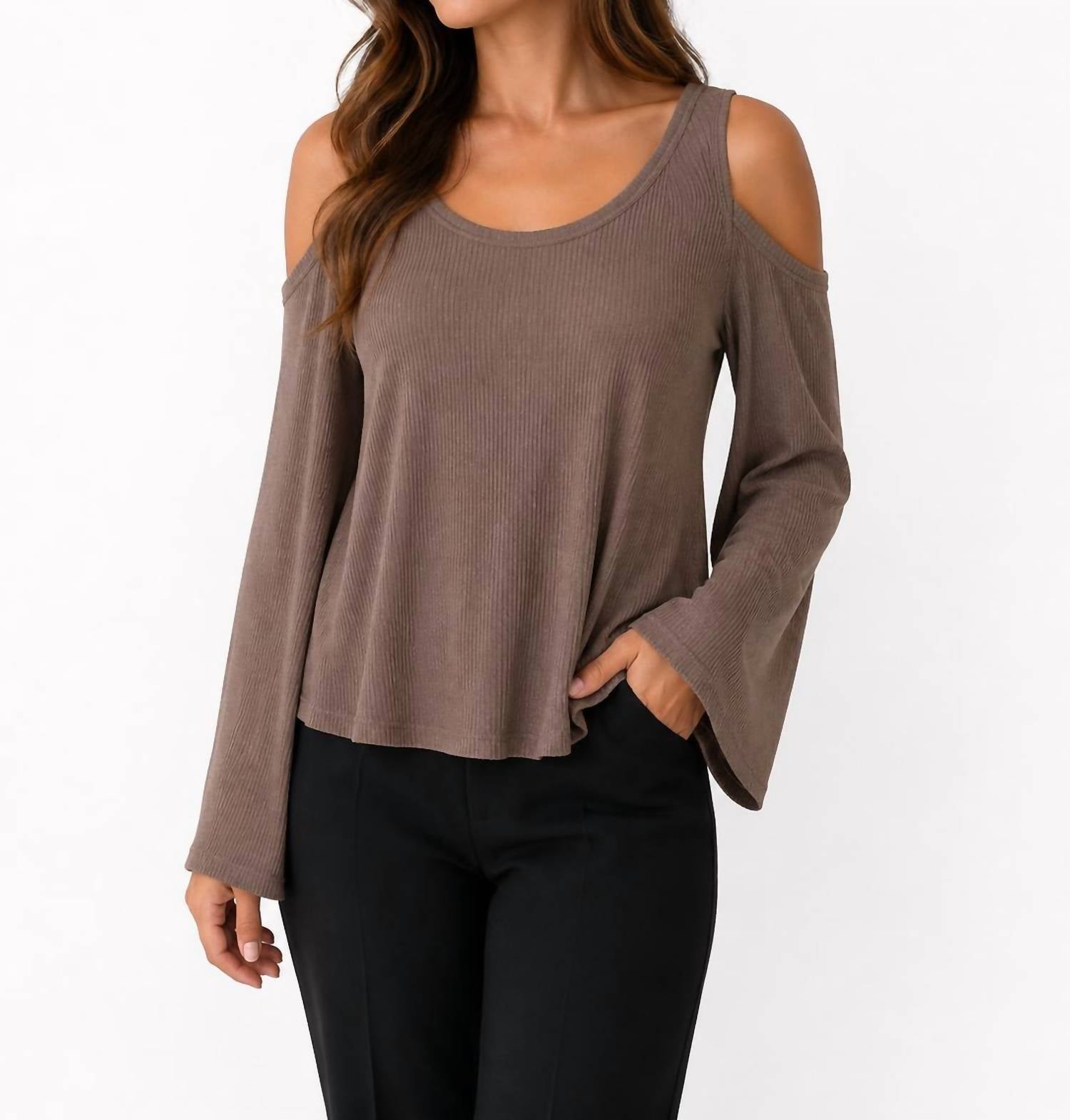 525 America Cold Shoulder Rib Bell Sleeve Top in natural - women's long sleeve top