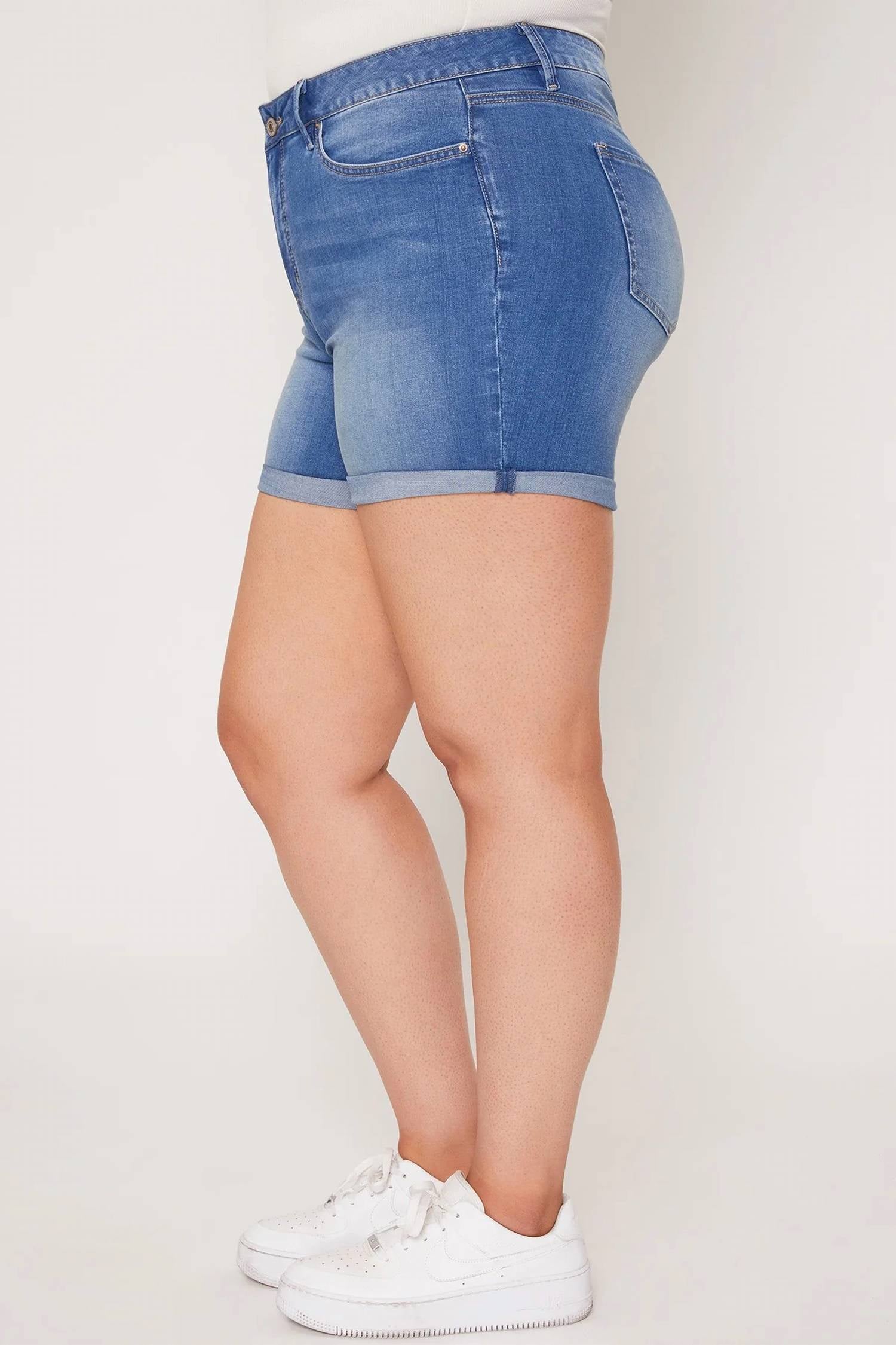Ymi - Double Cuff Denim Shorts - Plus