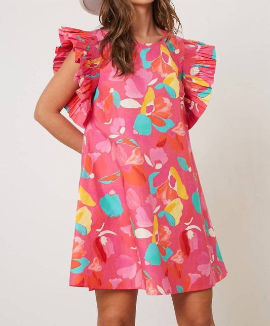 Peach Love - Floral Printed Ruffle Sleeve Dress