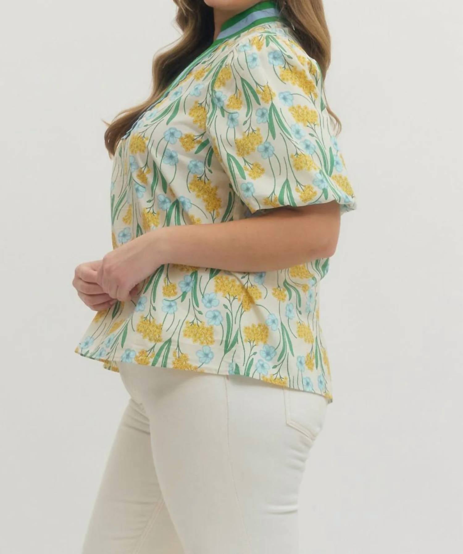 Entro - Blooming Garden Contrast Trim Top - Plus