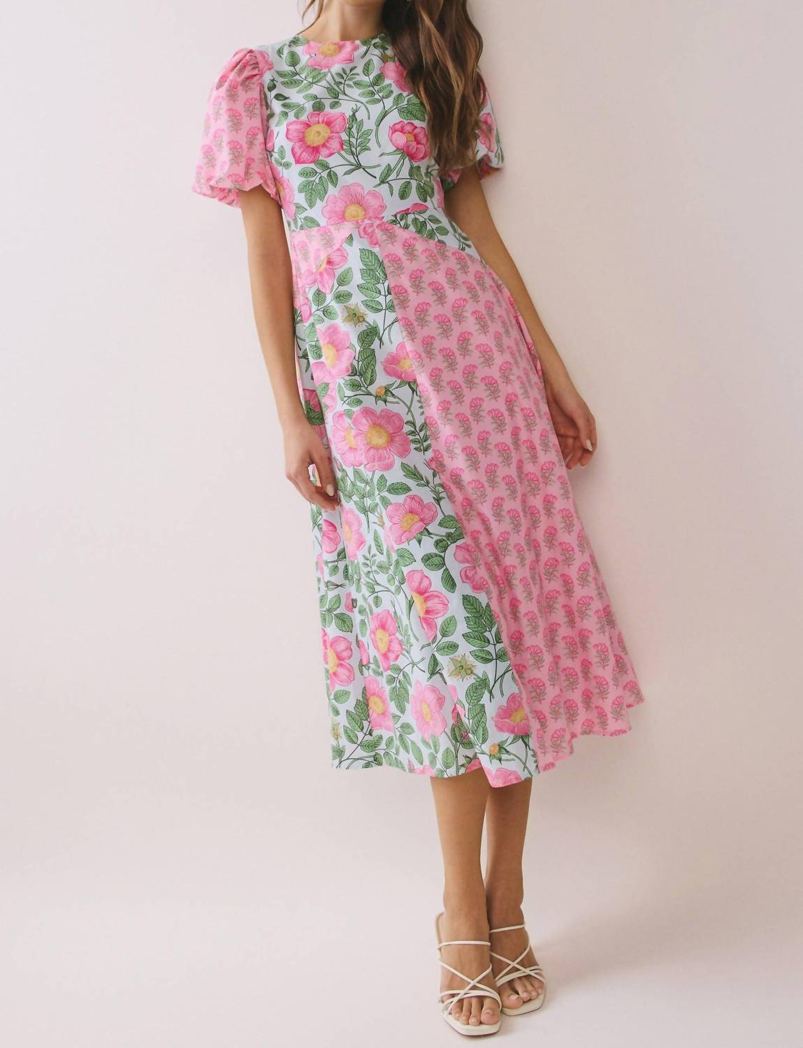 TCEC Bold Mixed Floral Pattern Midi Dress in pink - women's dress - detail view