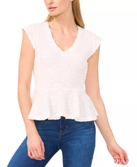 Cece - V Neck Puckered Knit Peplum Tee