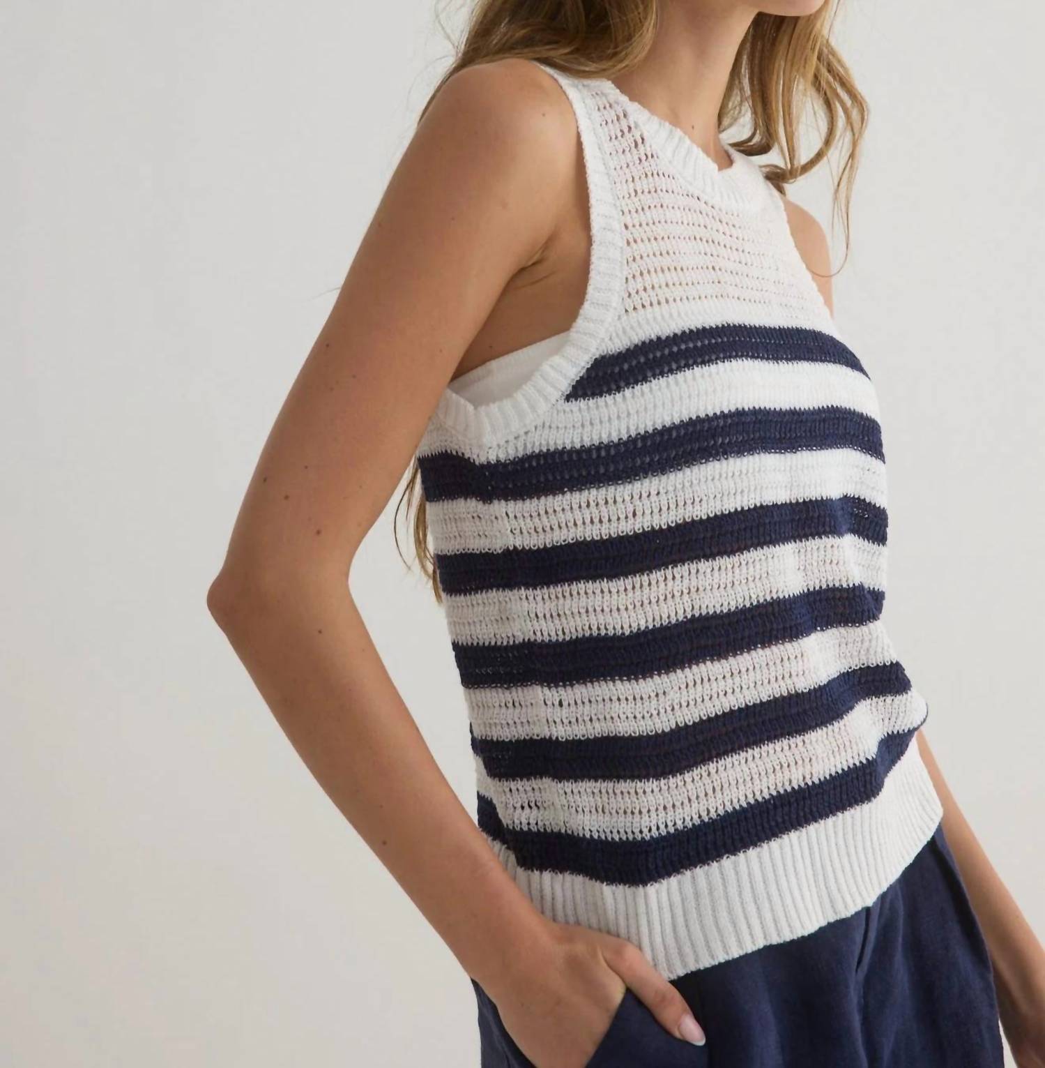 Bella Dahl Sleeveless Crew Neck Top in white and navy stripe - women's tank top - detail view