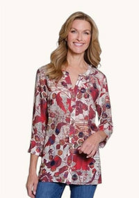 Multiples - Women's Hi-lo Shirt With Front Band Collar And Three-quarter Sleeves