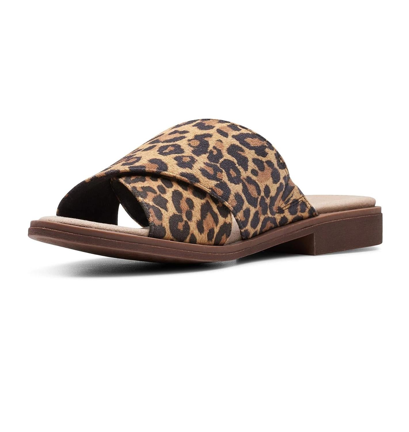 Clarks Women's Declan Ivy Sandal in tan leopard suede - women's sandal - detail view