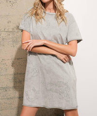 Blue B Garment Washed Crew Neck Embroidered T Shirt Dress in grey - women's dress