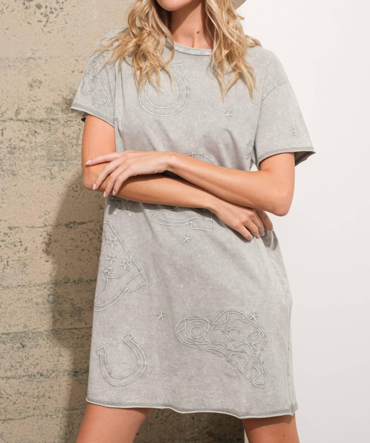 Blue B Garment Washed Crew Neck Embroidered T Shirt Dress in grey - women's dress