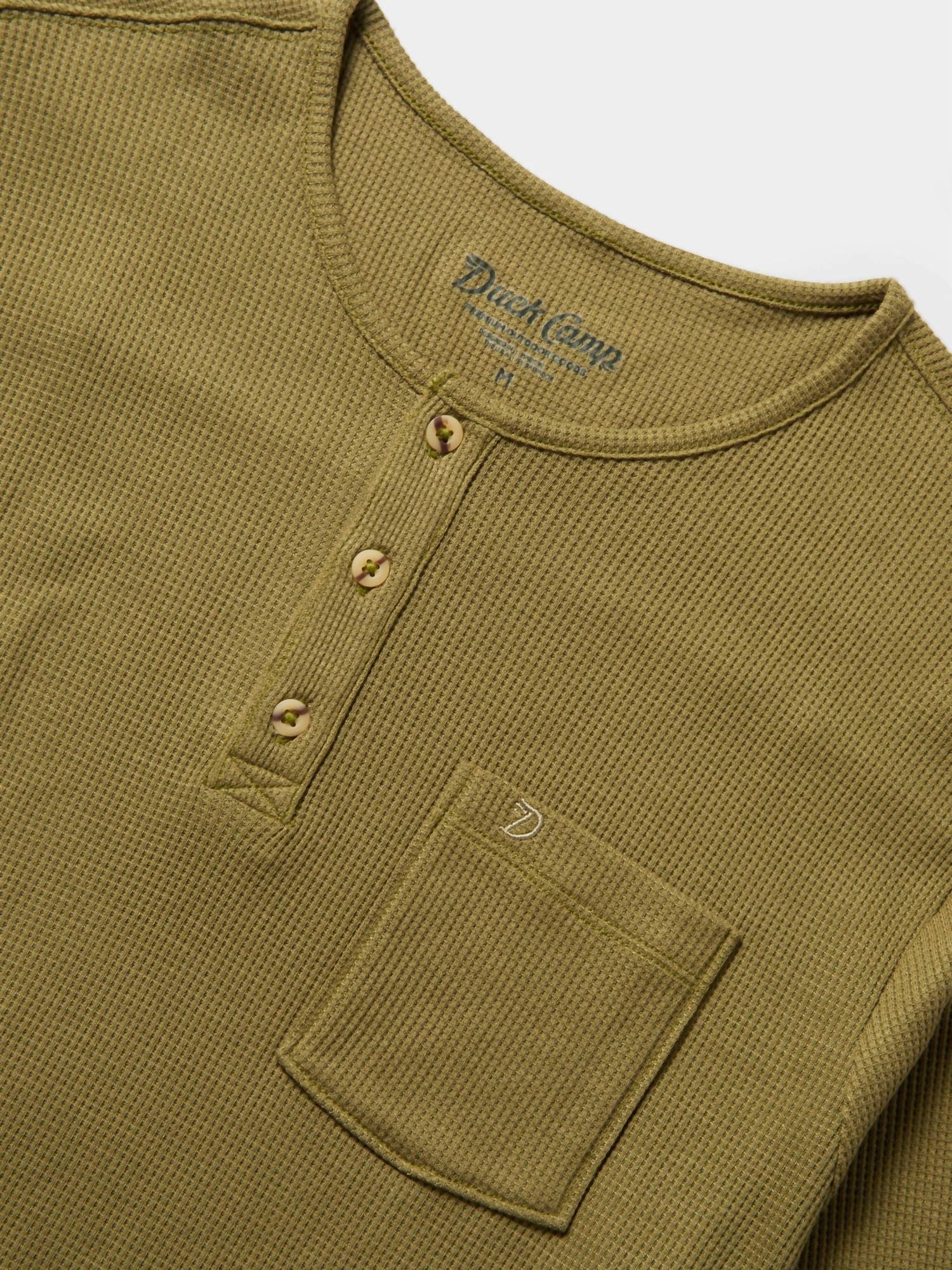 Duck Camp Men's Waffle Henley Long Sleeve Shirt in cordgrass - men's long sleeve top - detail view