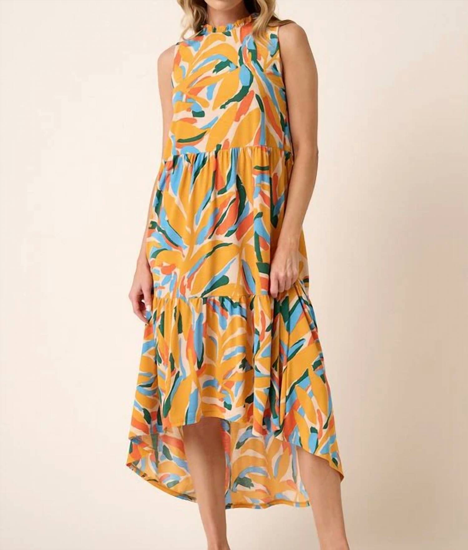 Mittoshop - Leaf Print Mock Neck Midi Dress