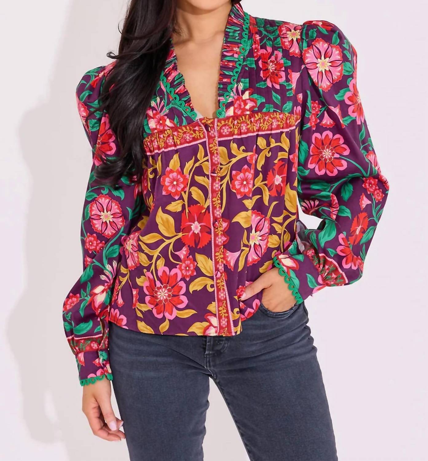 Alden Adair Oliver Long Sleeve Top in medieval floral - women's blouse